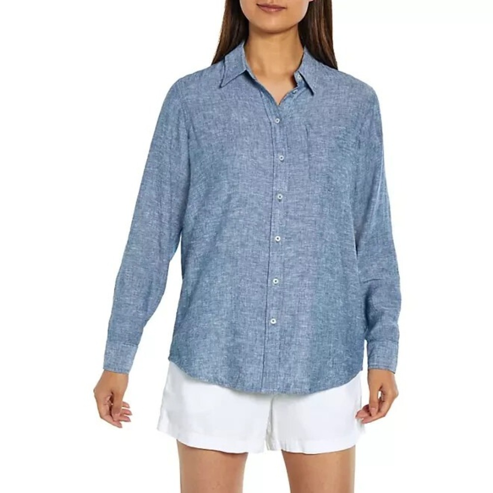 Gap Womens Linen Rayon Button Down Top Blue Crosshatch XS Relaxed Fit